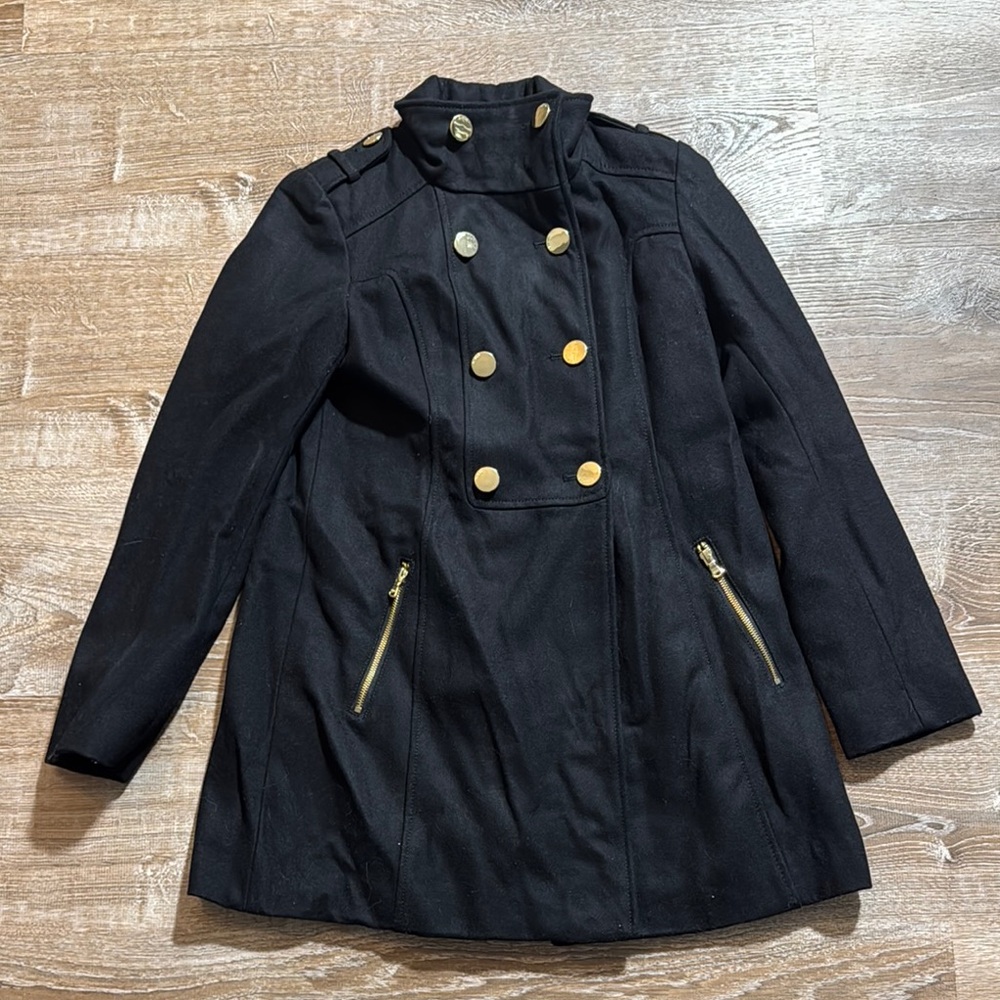 Black and Gold Double-Breasted Trench Coat with Epaulettes